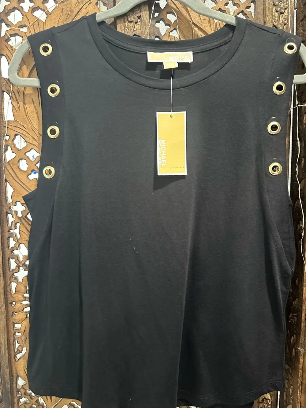 Michael Kors Black Sleeveless Tank with Gold Eyelet Detail